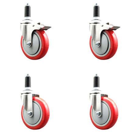 5 Inch 316SS Red Poly Swivel 1-1/4 Inch Expanding Stem Caster Lock Brake, 2PK